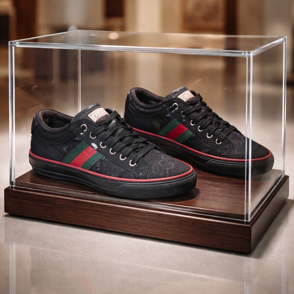 Gucci Black Canvas Low-Top Sneakers with Red Trim and Green Stripe
